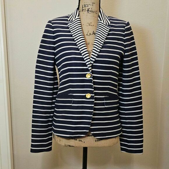 J. Crew Classic Schoolboy White/Navy Mixed Stripes Blazer Size 2 - Picture 2 of 12